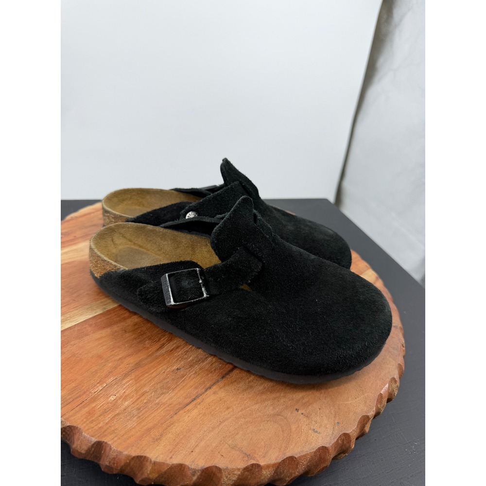 Birkenstock Boston Clogs Women 37 6 Black Suede Slip On Buckle Shoes